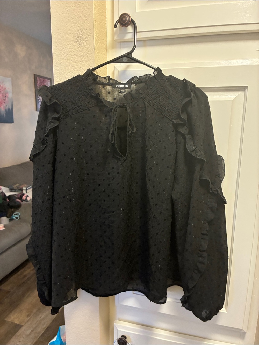 Express Black semi sheer Swiss Dot Ruffle Tie-Neck Blouse NWT